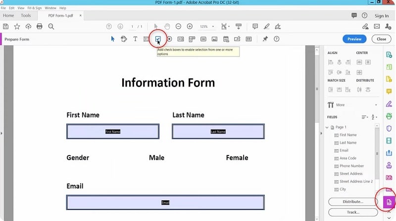 add checkbox on adobe acrobat