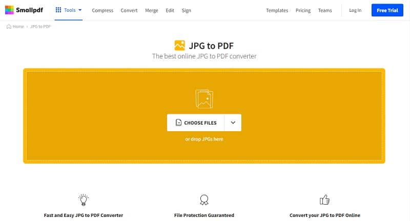 smallpdf jpg to pdf tool interface