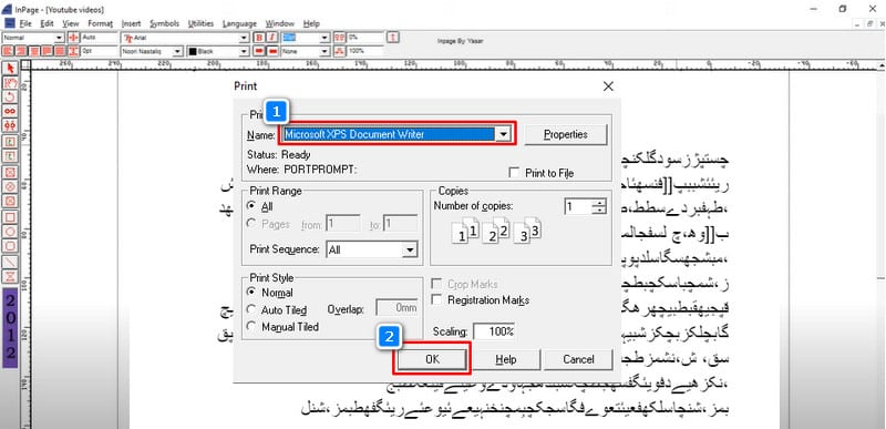 select microsoft xps document writer on the print page