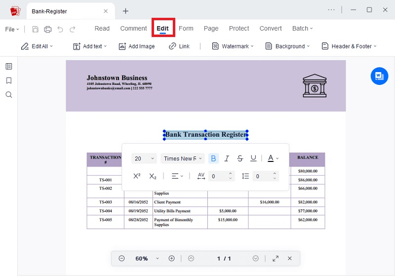 initiate the bank statement pdf editing