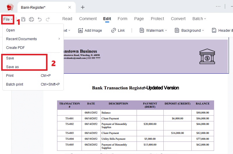 save the modified bank statement pdf