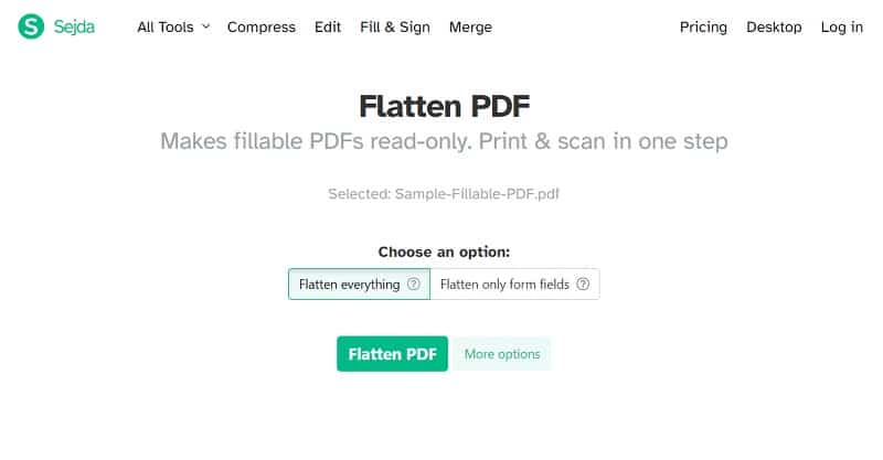 sejda flatten pdf interface