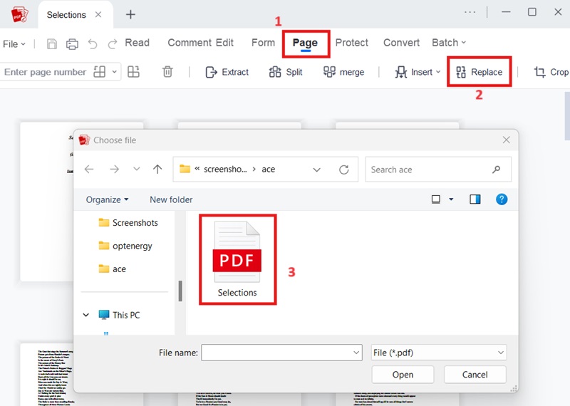 select page, hit replace, pick the new pdf