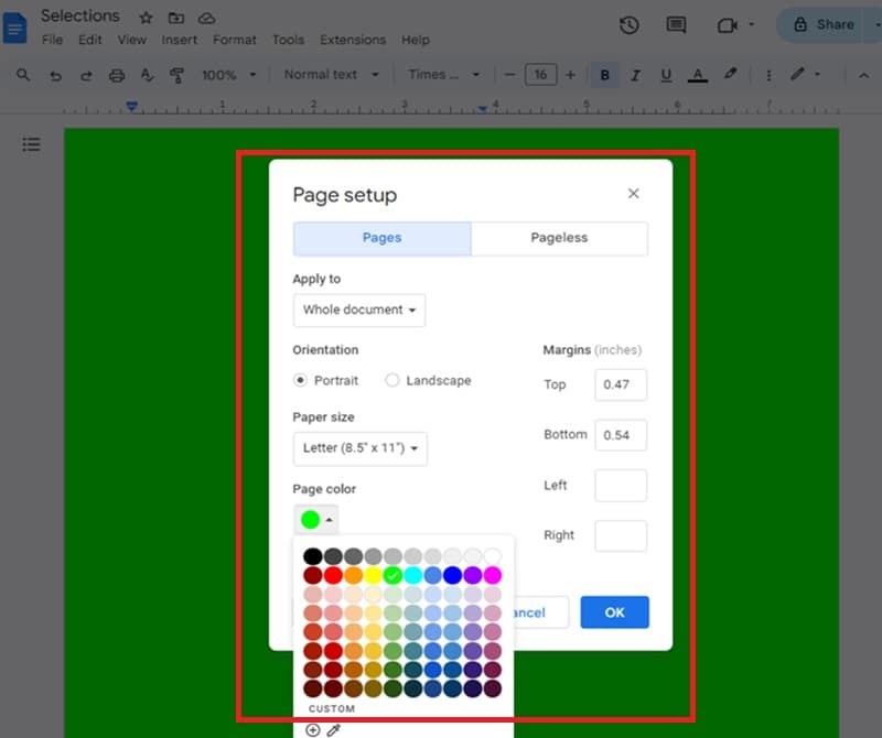 google docs page setup window