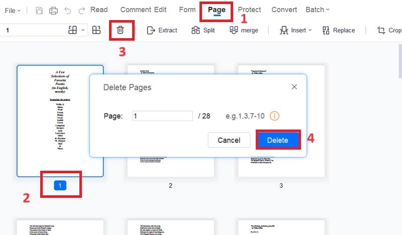 select page, click delete icon and delete page