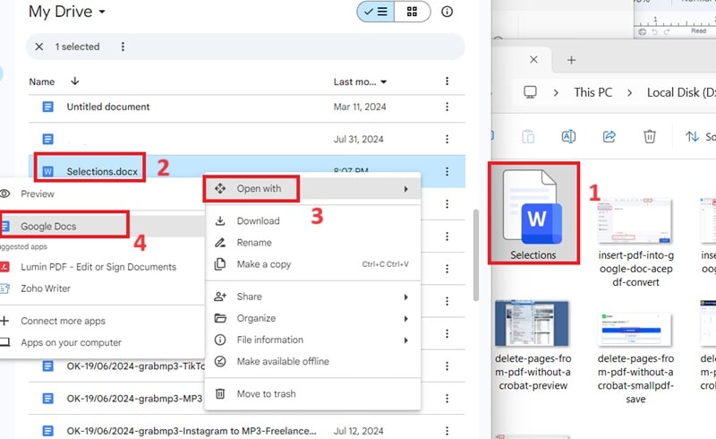 add word to google docs, right-click on it and select open with, click google docs