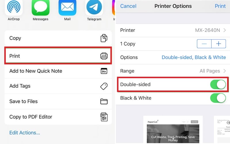 iphone printing settings